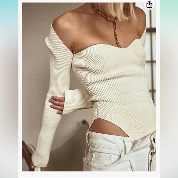 White Square Neck Ribbed Knitted Long Sleeve Sweater NWT - Picture 4 of 7